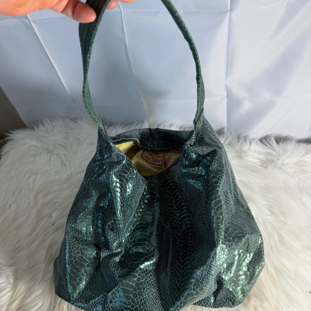 Carlos Falchi Metallic Green Snakeskin Embossed Leather Hobo Bag Handmade